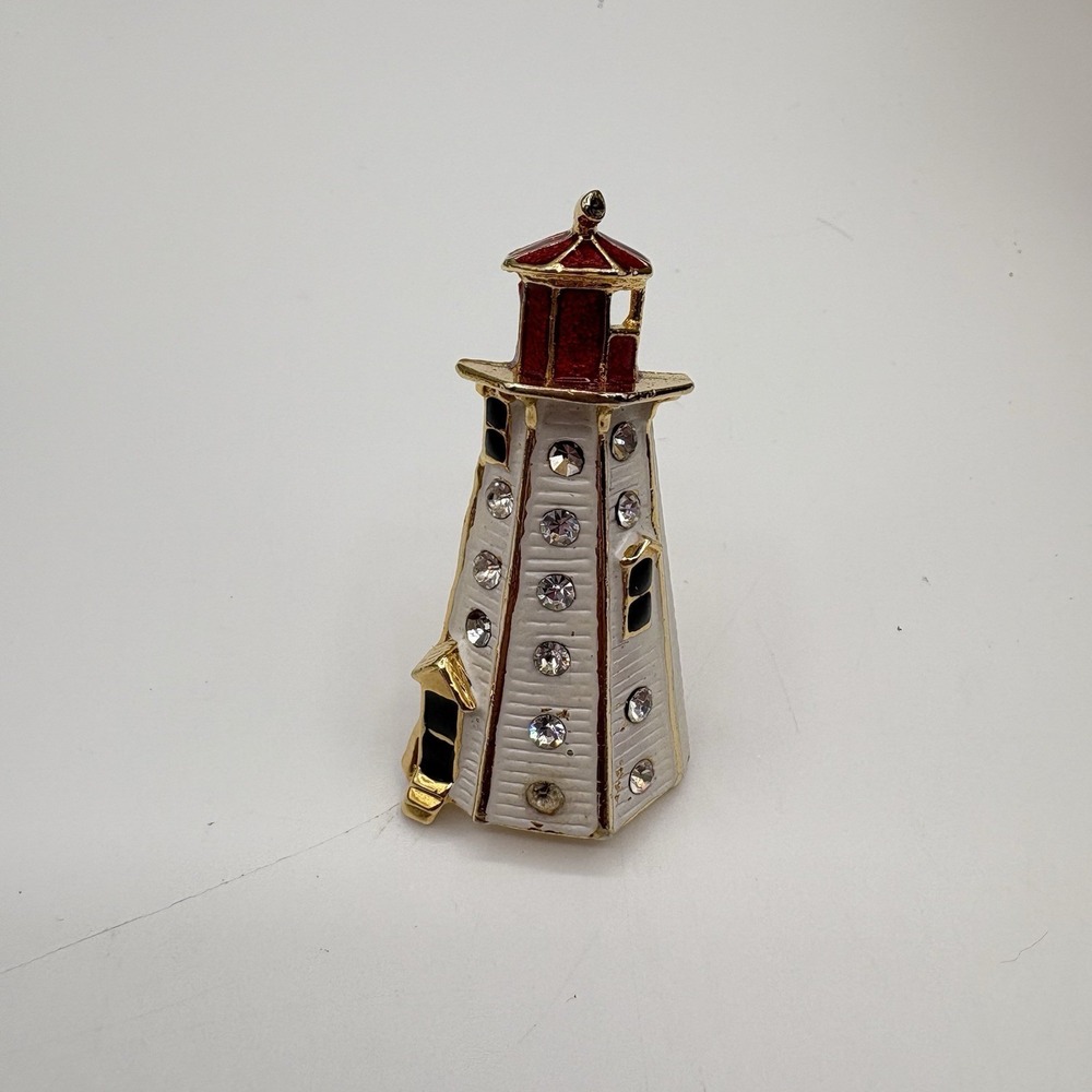 Gold Tone White Rhinestone Enamel Lighthouse Red Light Pin Brooch 1980s‎